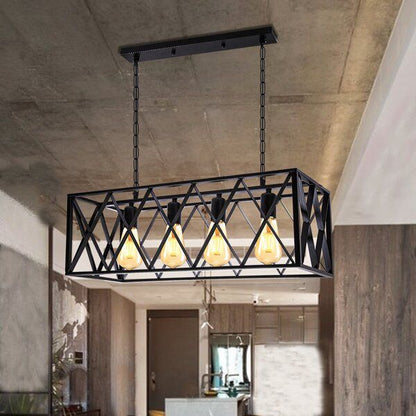 4-Light Farmhouse Black Kitchen Island Pendant Light – Adjustable Industrial Rectangular Chandelier for Dining Room & Bar
