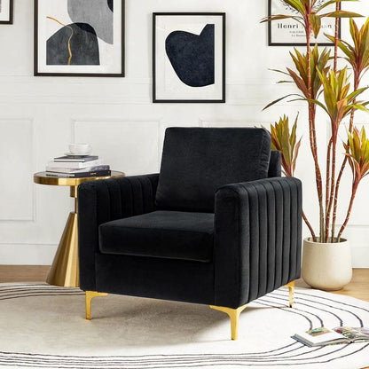 Modern Velvet Tufted Club Chair – Glam Accent Armchair with Gold Metal Legs