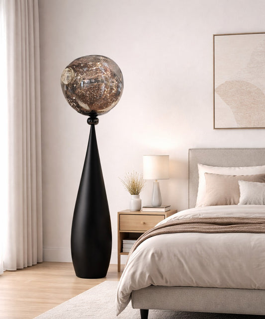 Modern Black Sculptural Floor Lamp with Artistic Glass Globe – Luxury Statement Lighting for Living Room