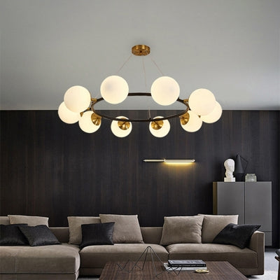 Milk White Glass Globe Chandelier with Black Metal Frame – Modern 10-Light Pendant Fixture